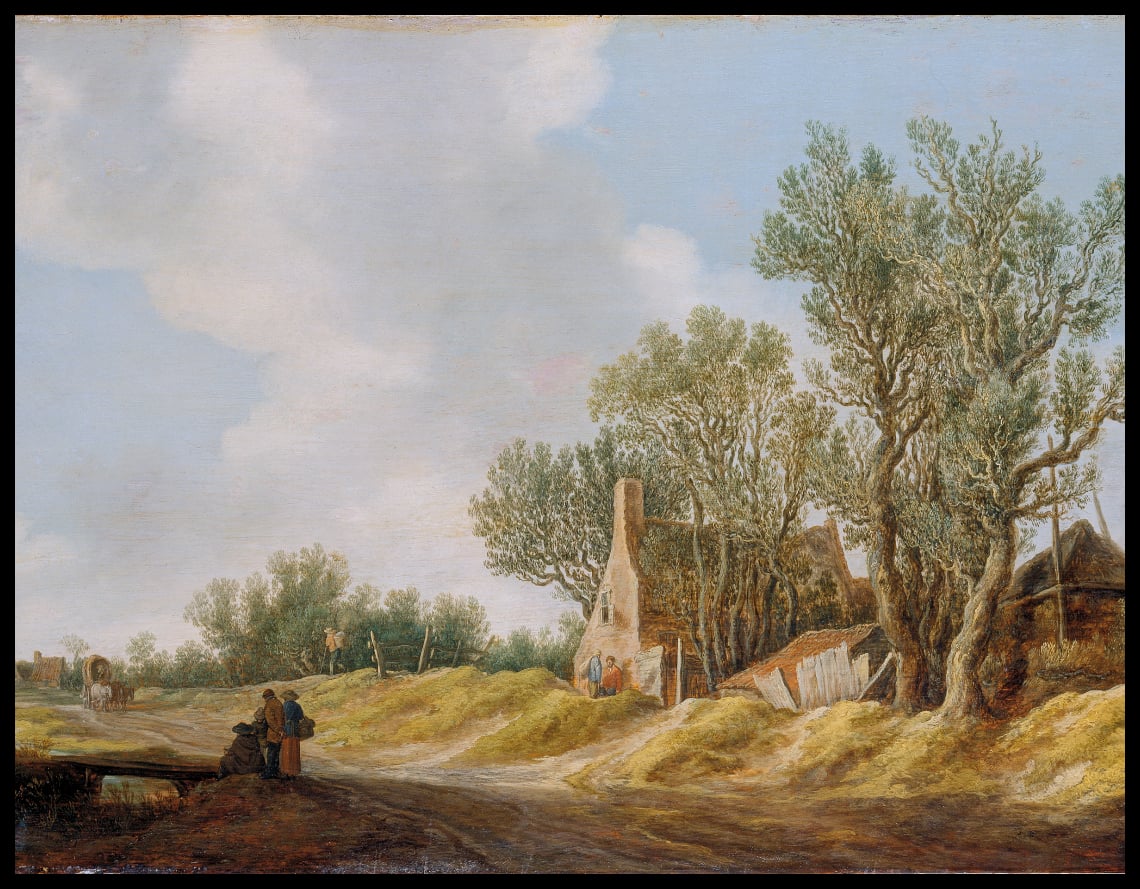 Dorfstraße mit Rastenden an einem Steg
