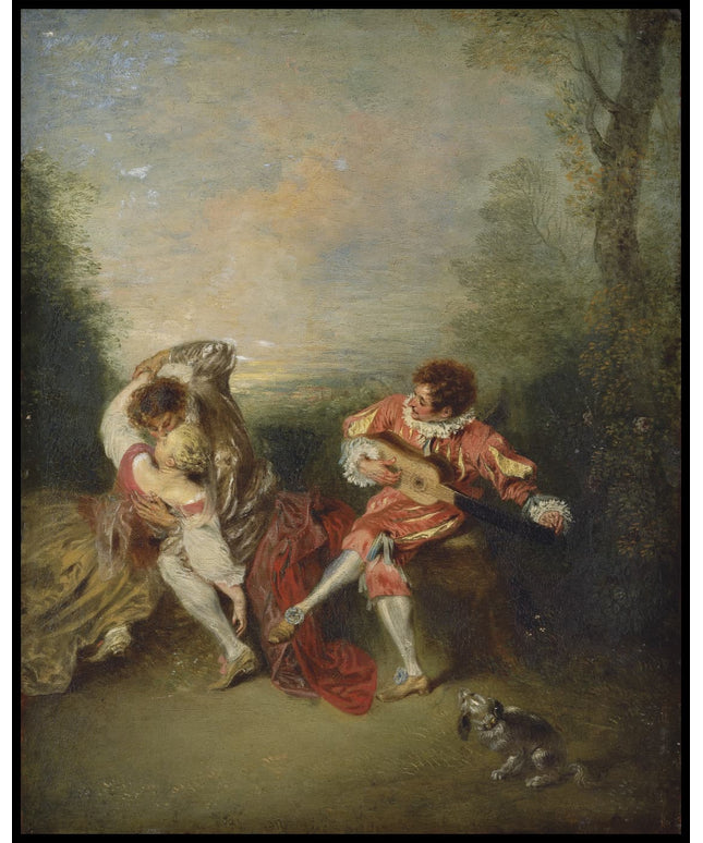 La Surprise A couple embracing while a figure dressed as Mezzetin tunes a guitar