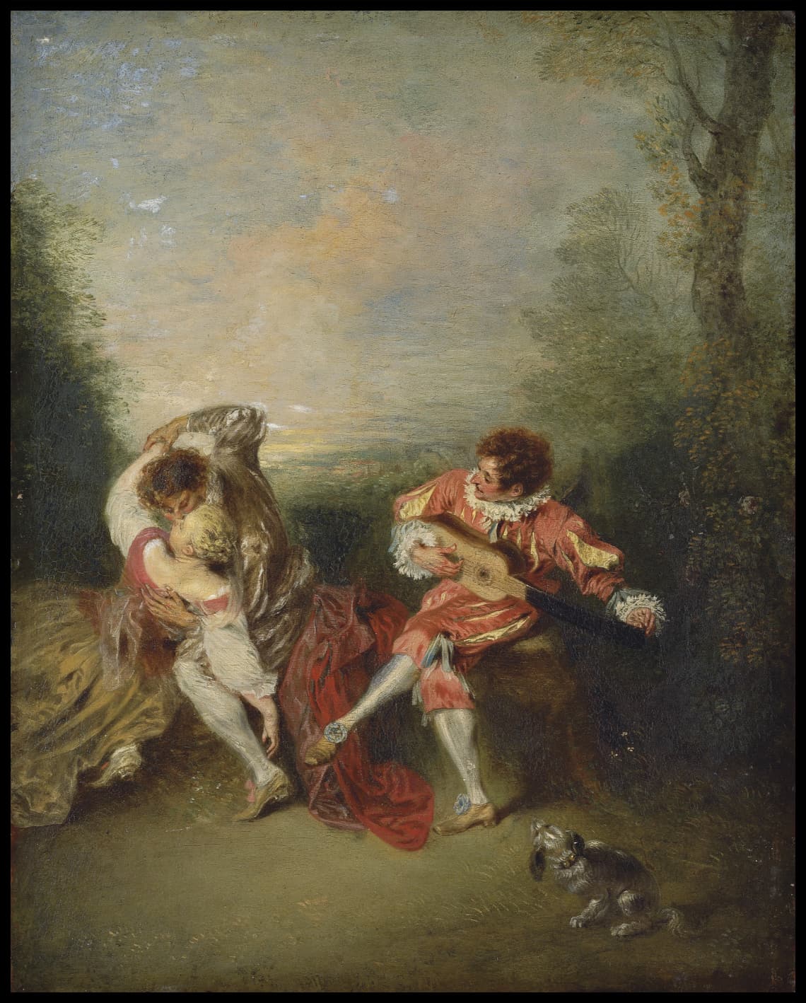 La Surprise A couple embracing while a figure dressed as Mezzetin tunes a guitar