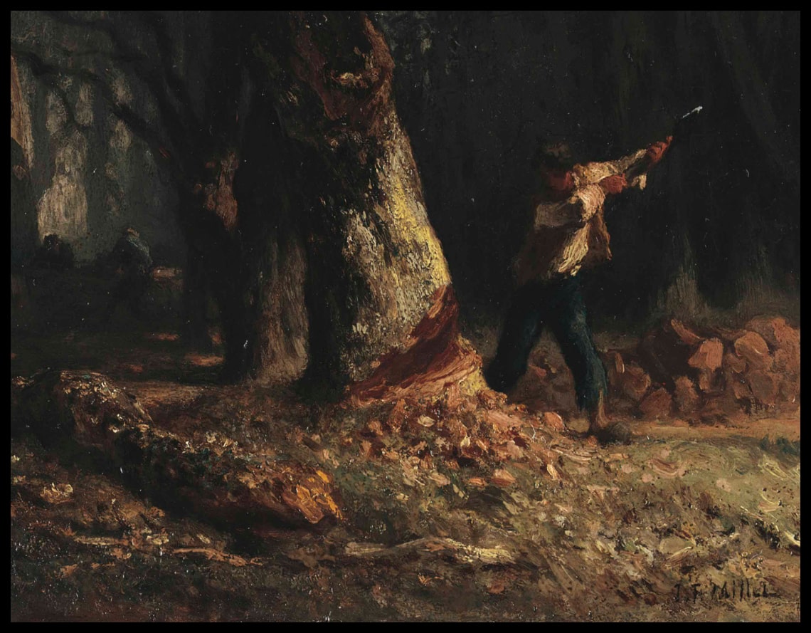 Woodcutter in the Forest and Young Woman taking Linens from a Shelf un travail à double face