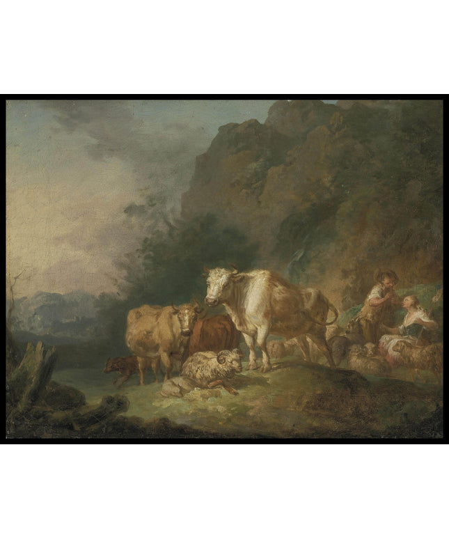 A shepherd and shepherdess resting with their herd