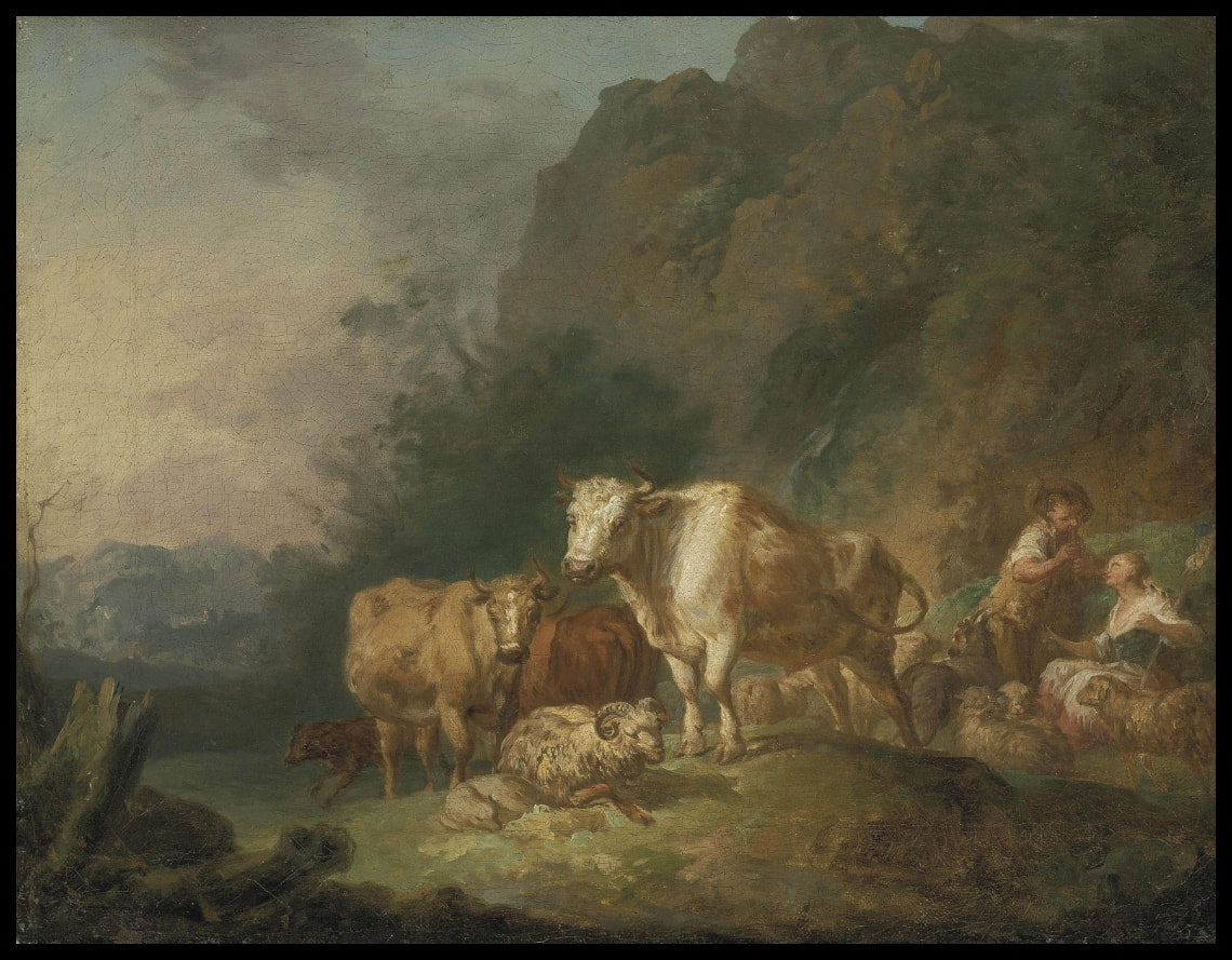 A shepherd and shepherdess resting with their herd