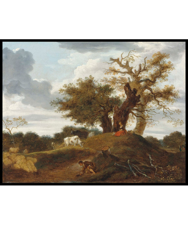 A wooded landscape with figures at the edge of a pond