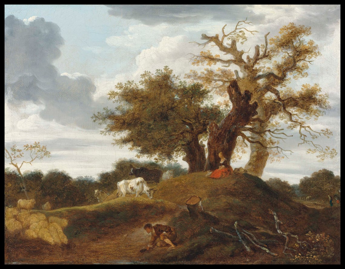 A wooded landscape with figures at the edge of a pond