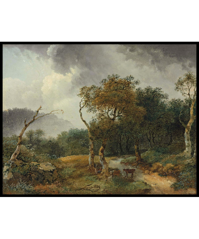 A wooded landscape with milkmaids and their cattle sheltering from a shower