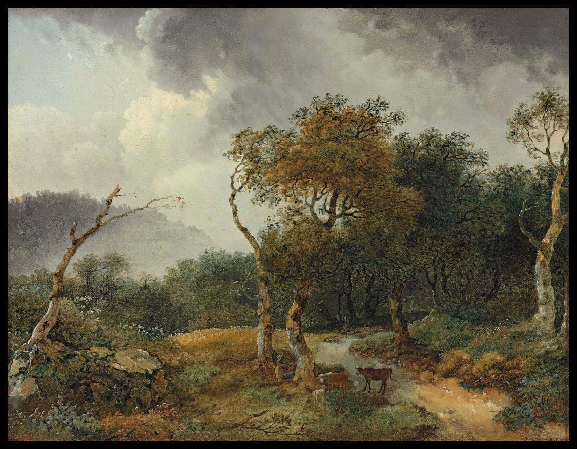 A wooded landscape with milkmaids and their cattle sheltering from a shower