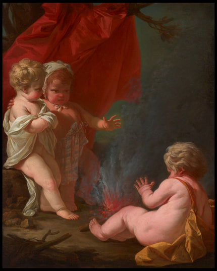 Three young children warming themselves round a fire, in a woodland setting