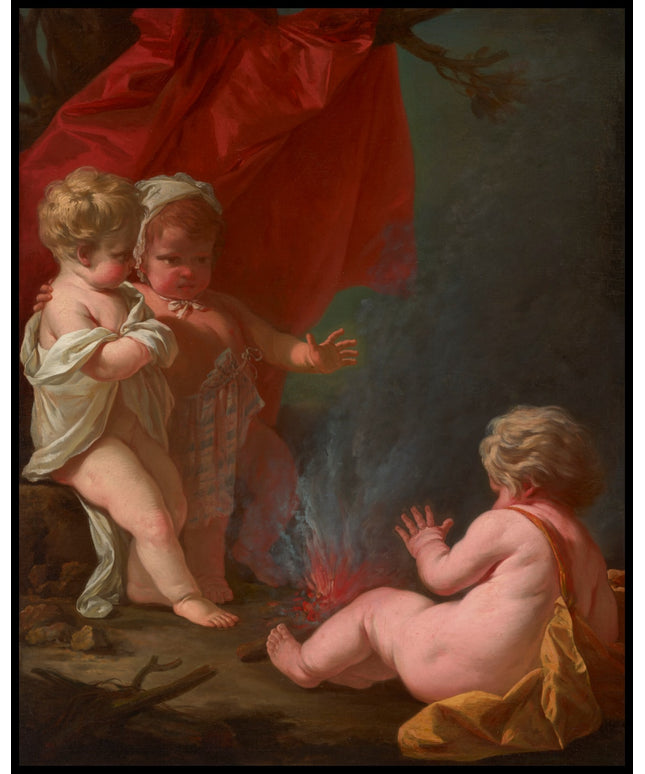 Three young children warming themselves round a fire, in a woodland setting