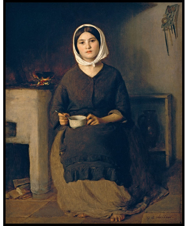 Sitzende Frau in einer Bauernküche