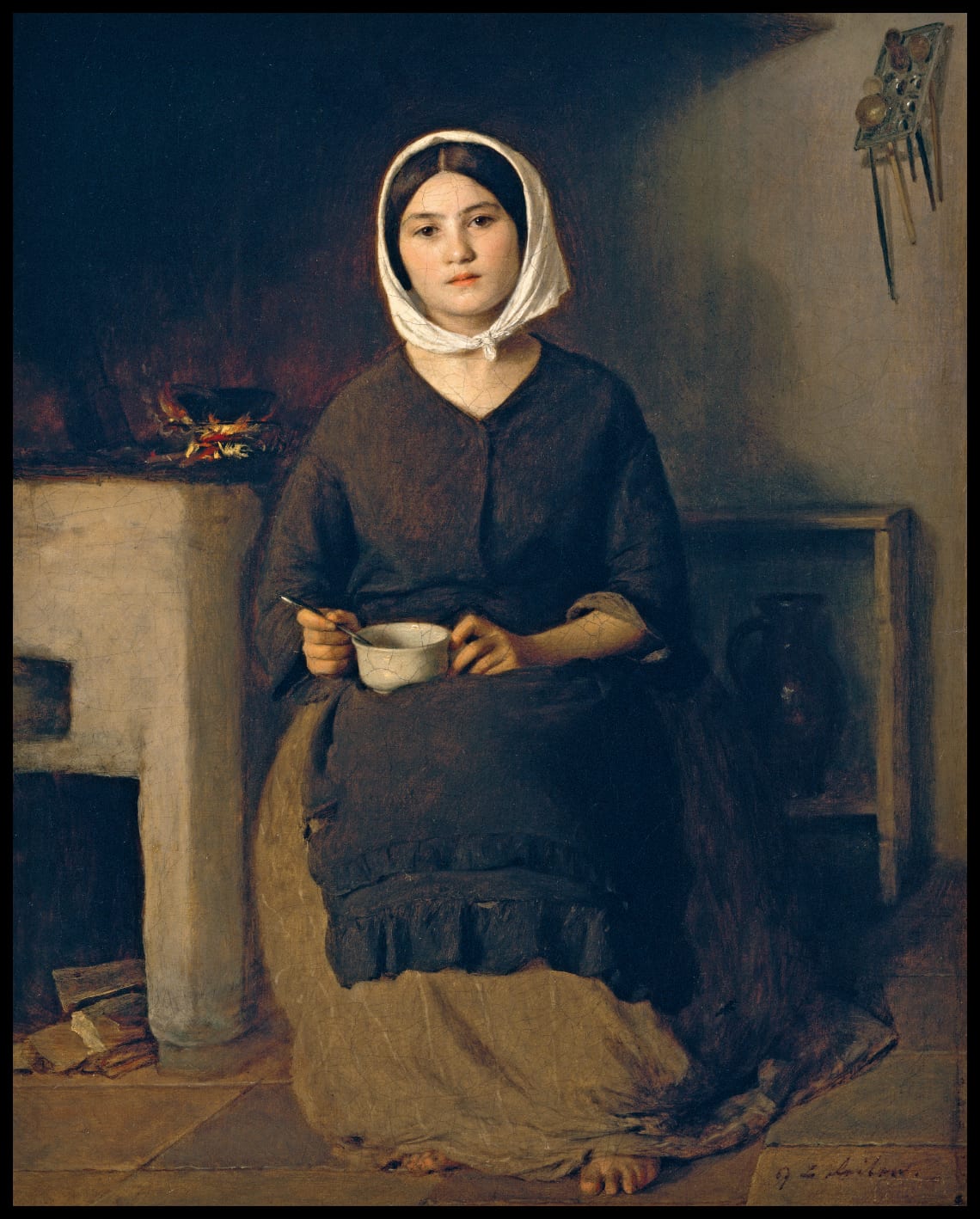 Sitting woman in a farmer's kitchen