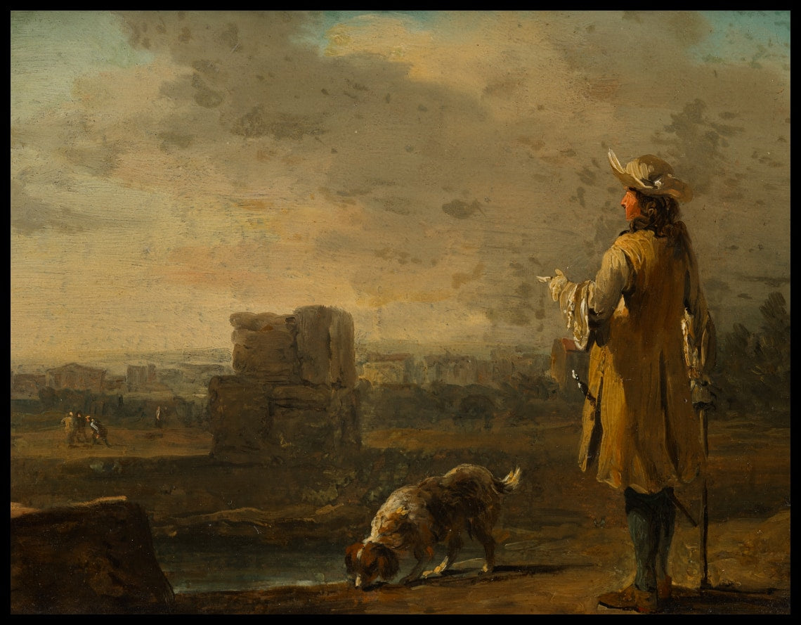 Herr mit Hund in Landschaft