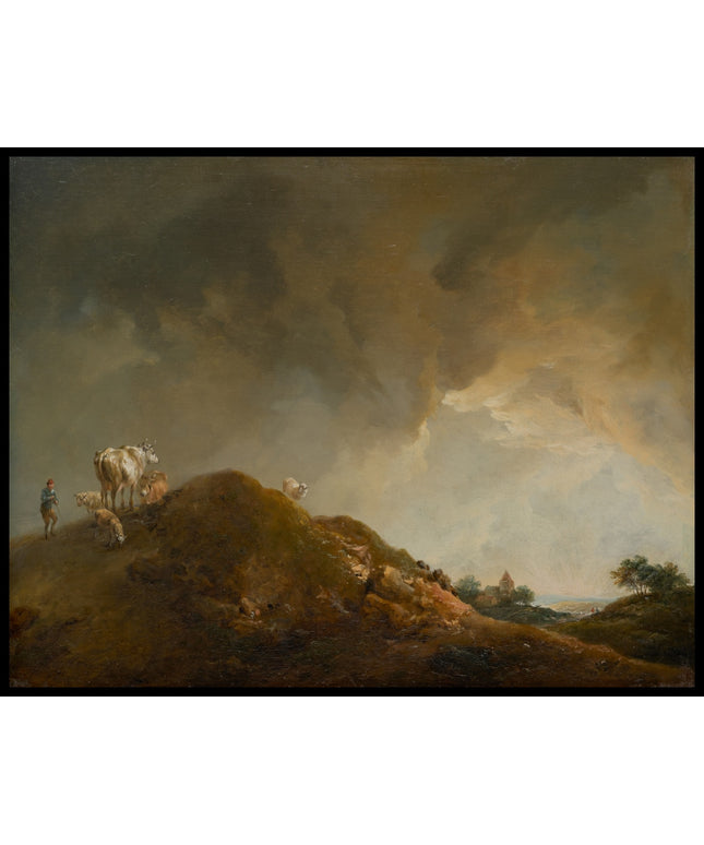 Hügellandschaft mit Kühen und Schafen