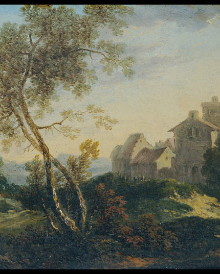 Ideale Landschaft mit Bäumen und befestigtem Dorf, der Abend