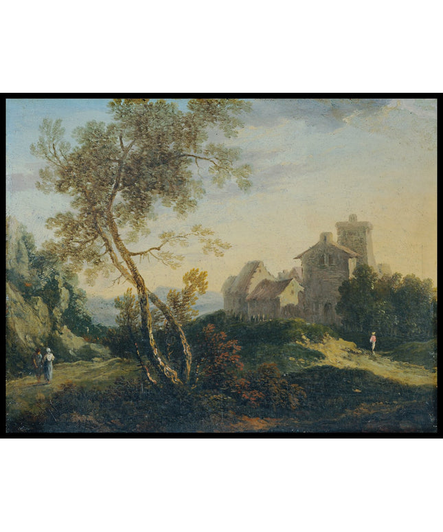 Ideale Landschaft mit Bäumen und befestigtem Dorf, der Abend