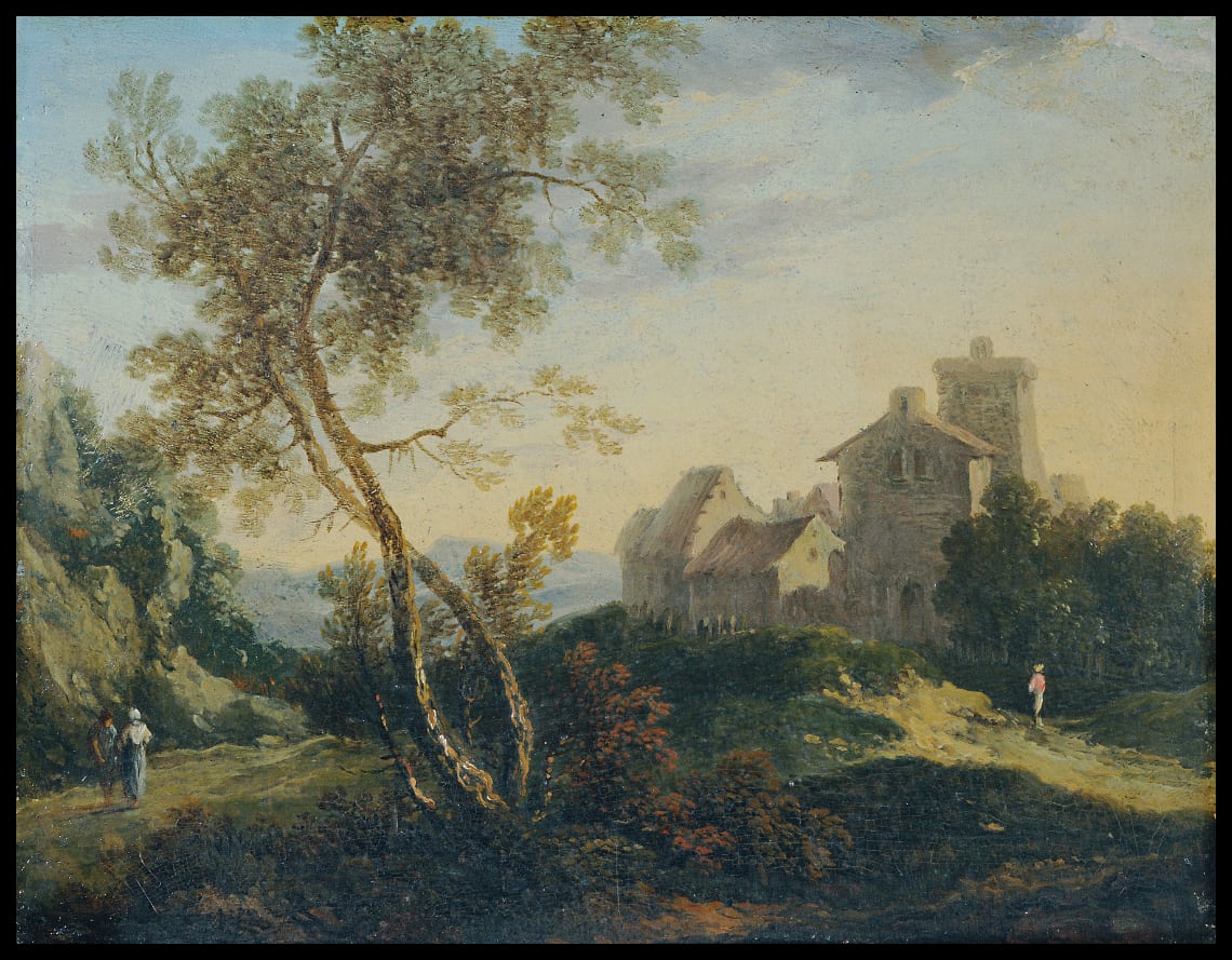 Ideale Landschaft mit Bäumen und befestigtem Dorf, der Abend