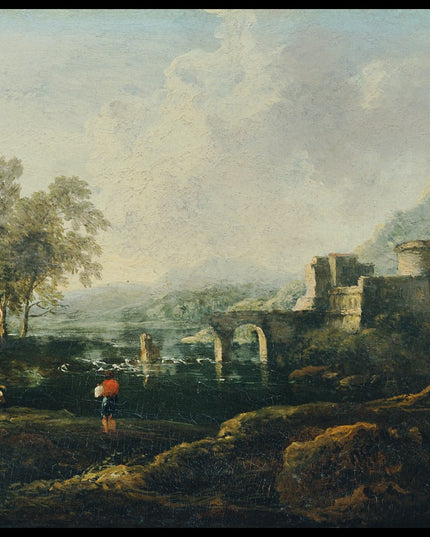 Ideale Landschaft mit Fluss und Brückenruine, der Morgen