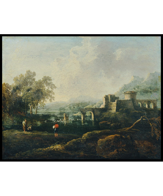 Ideale Landschaft mit Fluss und Brückenruine, der Morgen