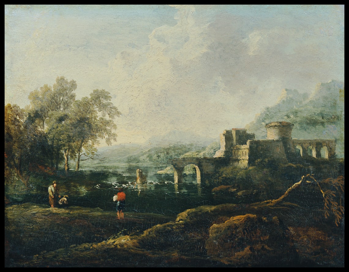 Ideale Landschaft mit Fluss und Brückenruine, der Morgen