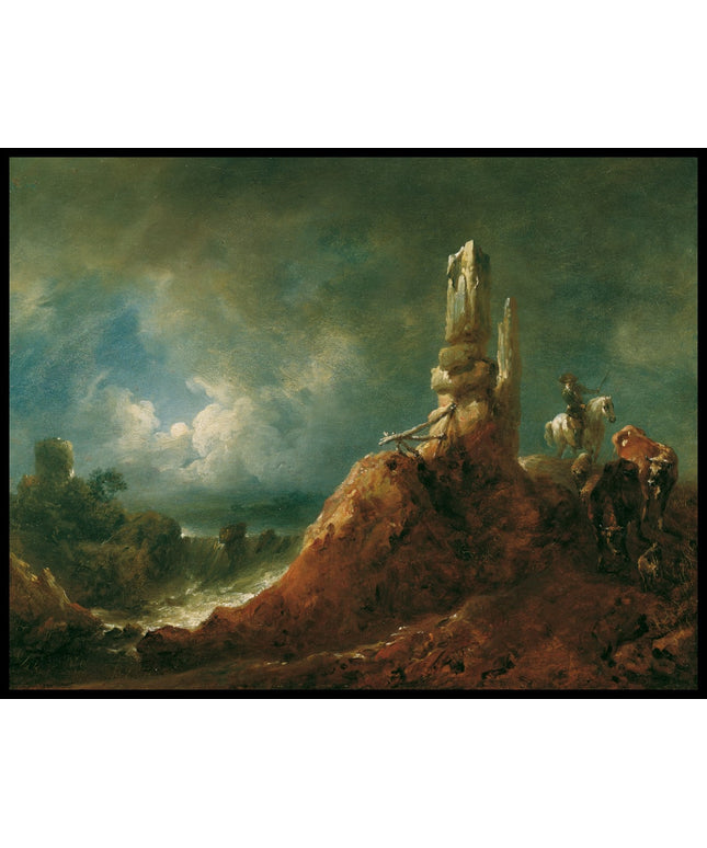 Landschaft mit Ruine und Reiter bei Mondschein