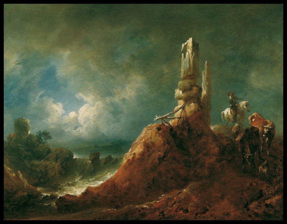Landschaft mit Ruine und Reiter bei Mondschein
