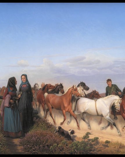 Jutland farmers on their way home from the market with their horses