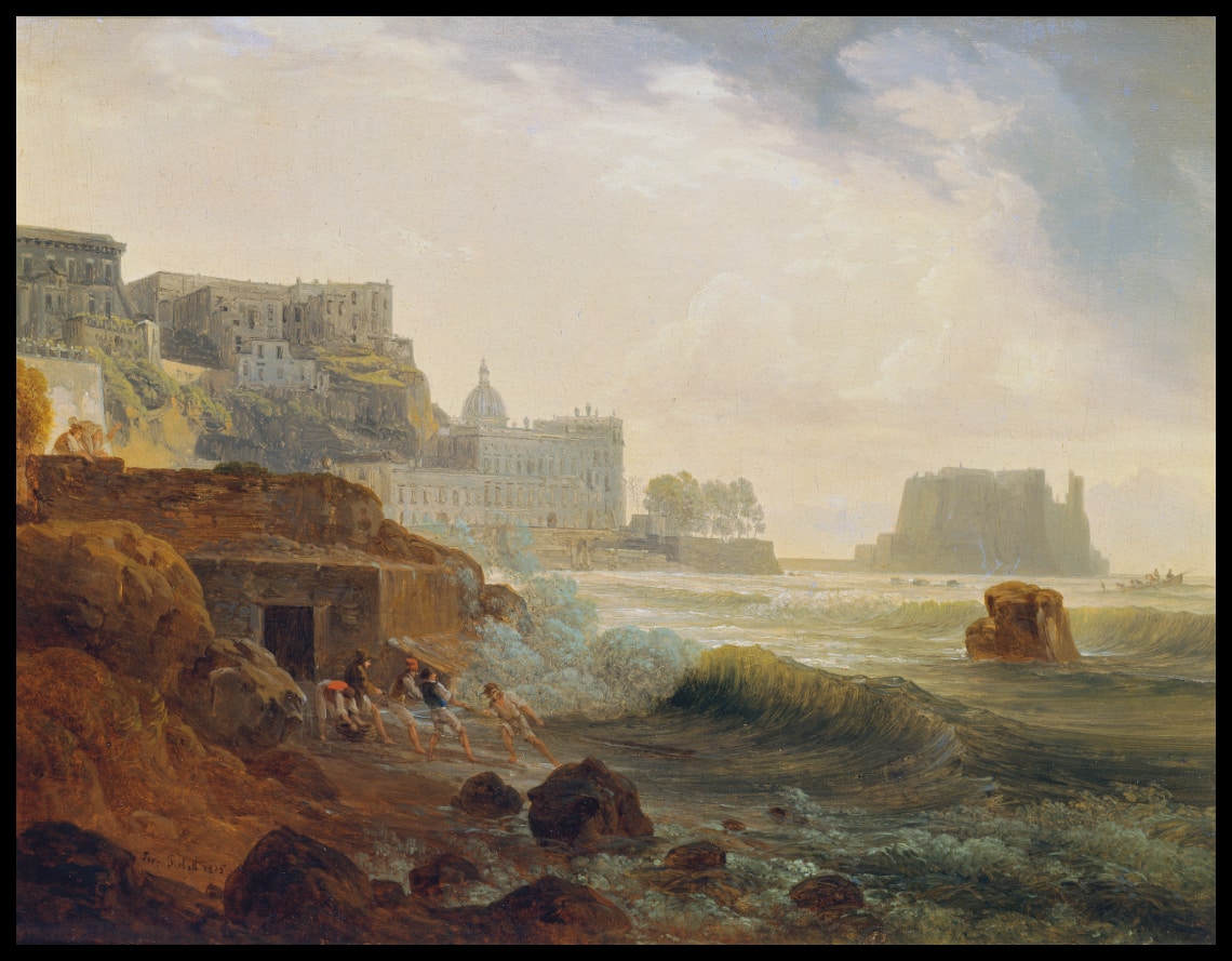 Ansicht von der Chiaia gegen das Castel dell'Ovo mit Netzziehenden Fischern