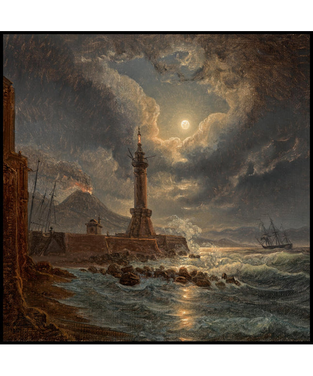 Leuchtturm im Hafen von Neapel bei Mondschein