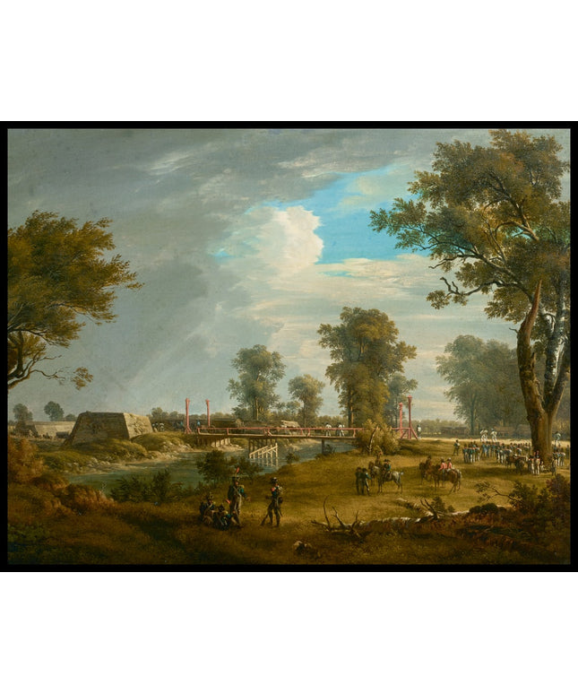 Szene aus den Napoleonischen Kriegen, Brücke in der Lobau mit französischer Infanterie
