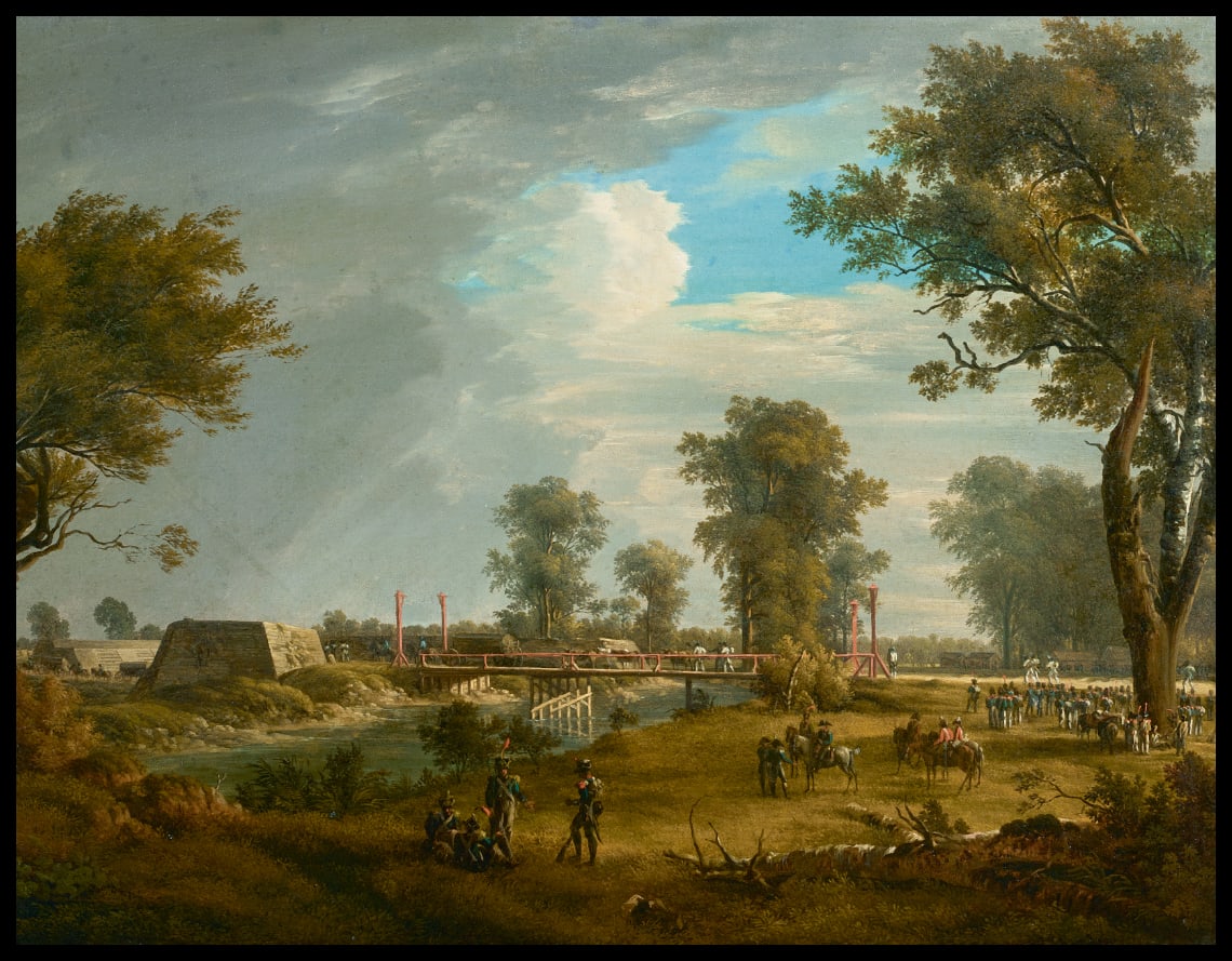 Szene aus den Napoleonischen Kriegen, Brücke in der Lobau mit französischer Infanterie