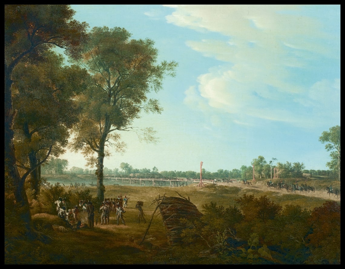 Szene aus den Napoleonischen Kriegen, der Beginn des Brückenkopfes in der Lobau