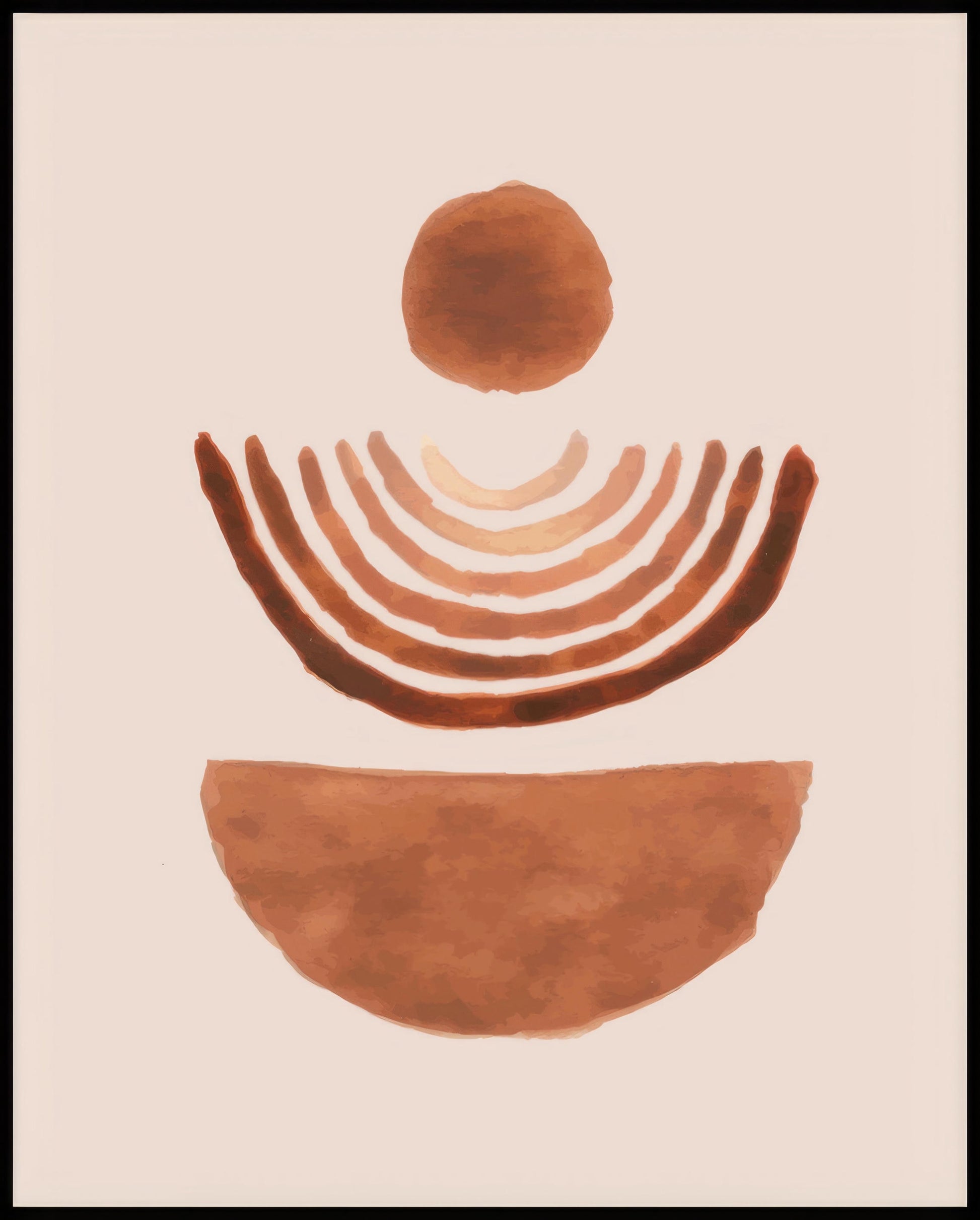 Ein Poster von einer abstrakten, braunen geometrischen Komposition mit Kreisen und Halbkreisen.