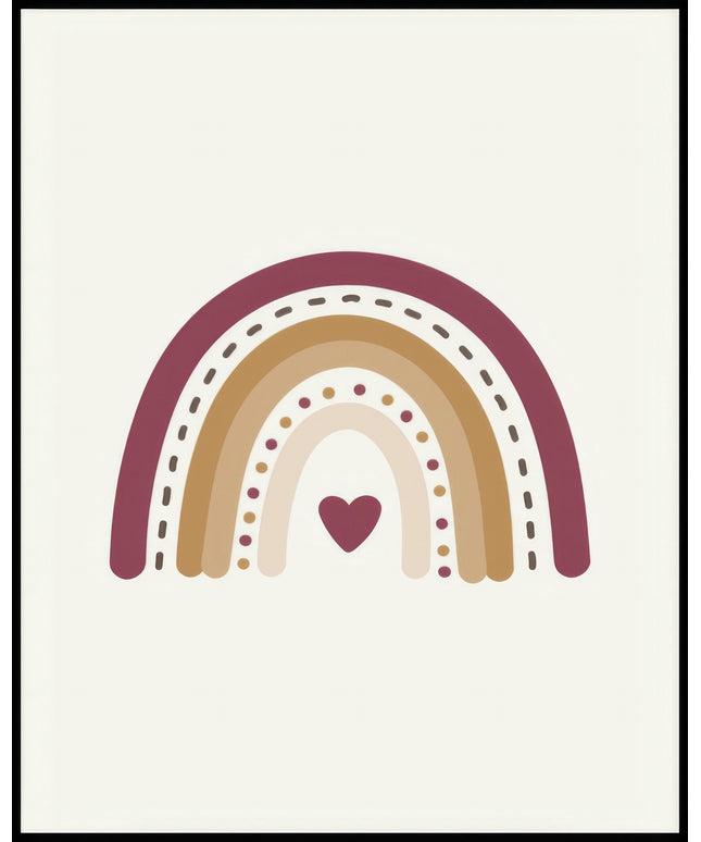 Ein Poster von einem minimalistischen Regenbogen in warmen Farbtönen mit einem Herz in der Mitte.