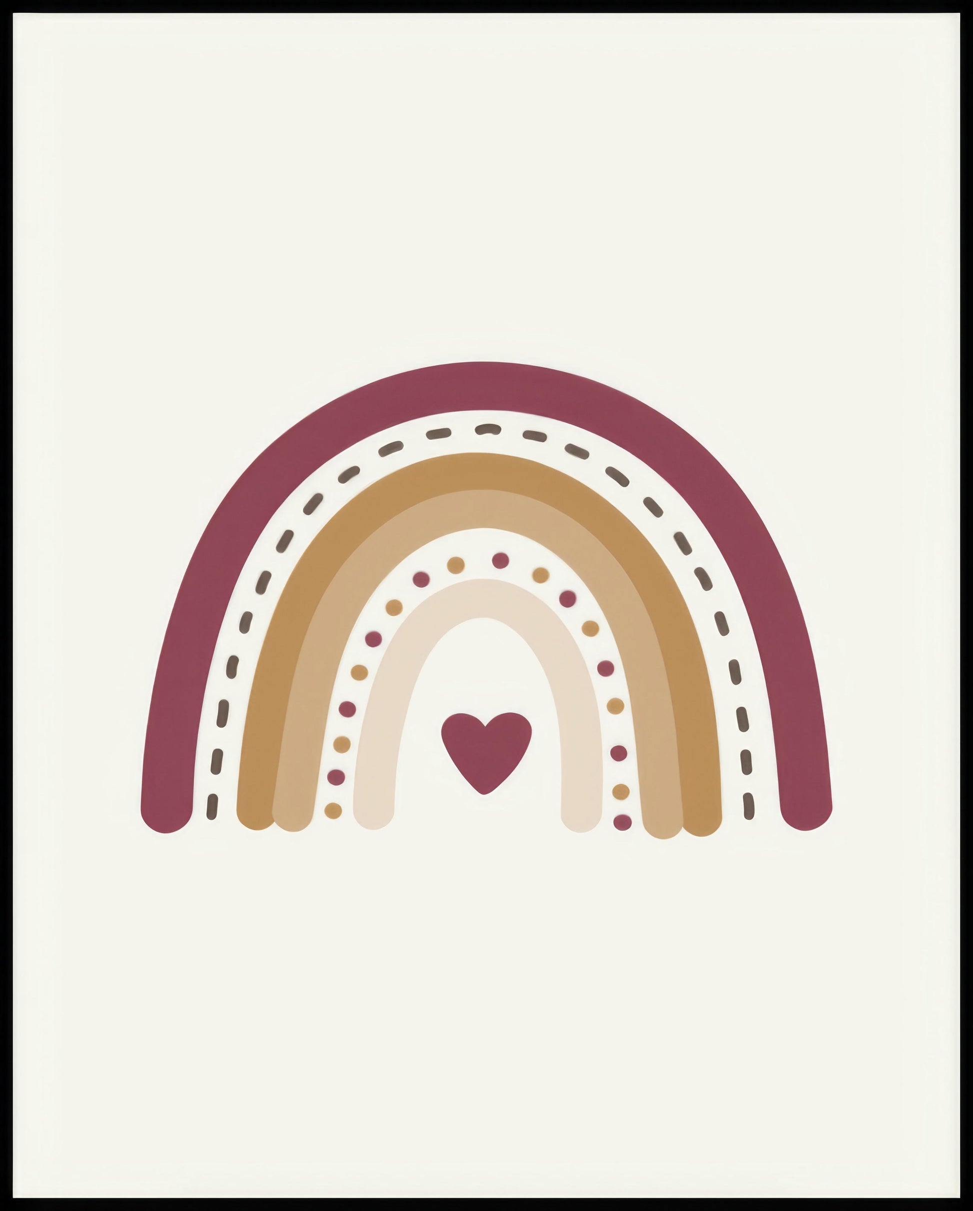 Ein Poster von einem minimalistischen Regenbogen in warmen Farbtönen mit einem Herz in der Mitte.