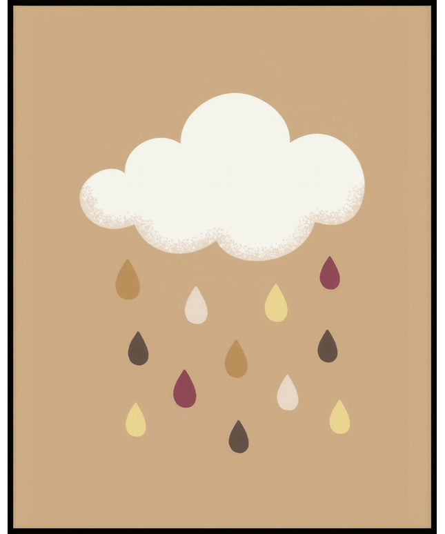 Ein Poster von einer weiße Wolke, aus der verschiedenfarbige Regentropfen fallen, auf einem beigen Hintergrund.