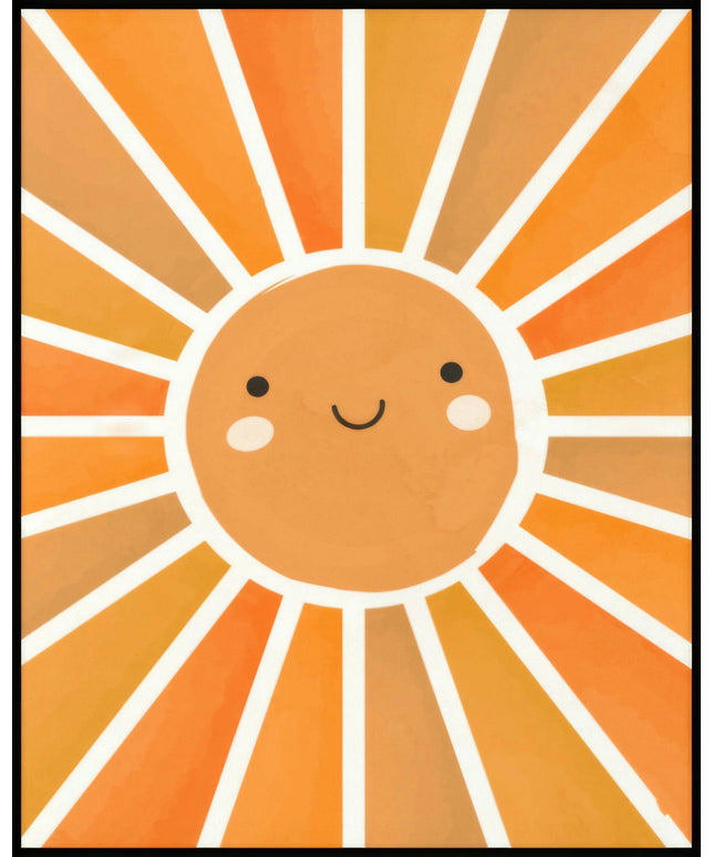 Ein Poster mit einer niedlichen Illustration einer lächelnden Sonne mit Strahlen in verschiedenen Orangetönen.