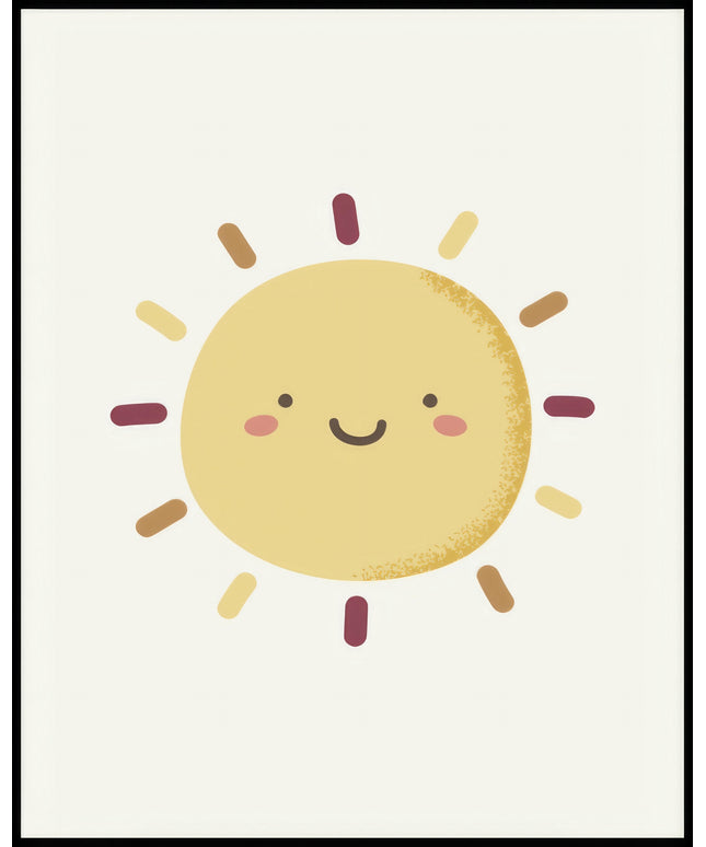 Ein Poster von einer süßen, lächelnden Sonne mit verschiedenen farbigen Strahlen, die von ihr ausgehen.