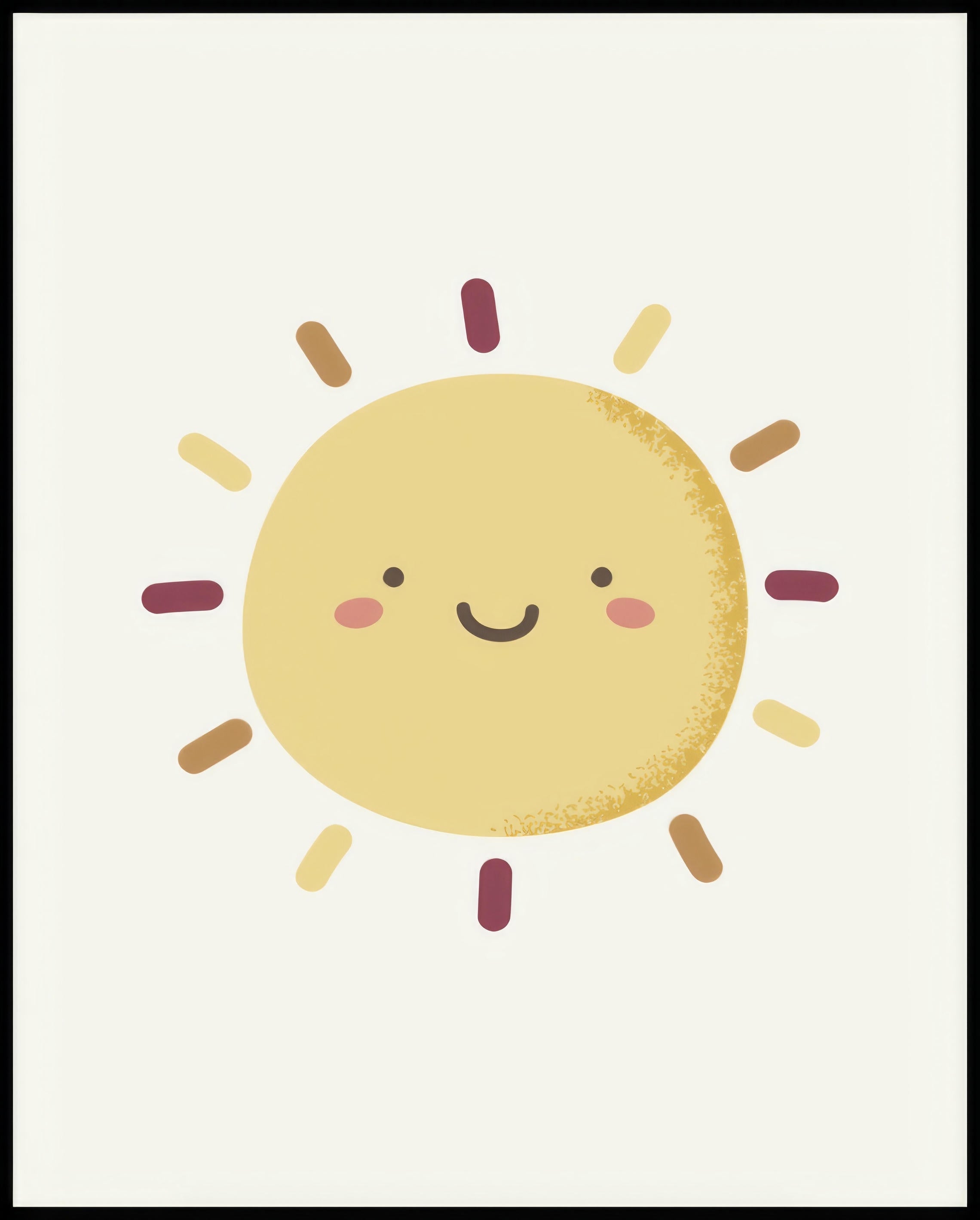 Ein Poster von einer süßen, lächelnden Sonne mit verschiedenen farbigen Strahlen, die von ihr ausgehen.