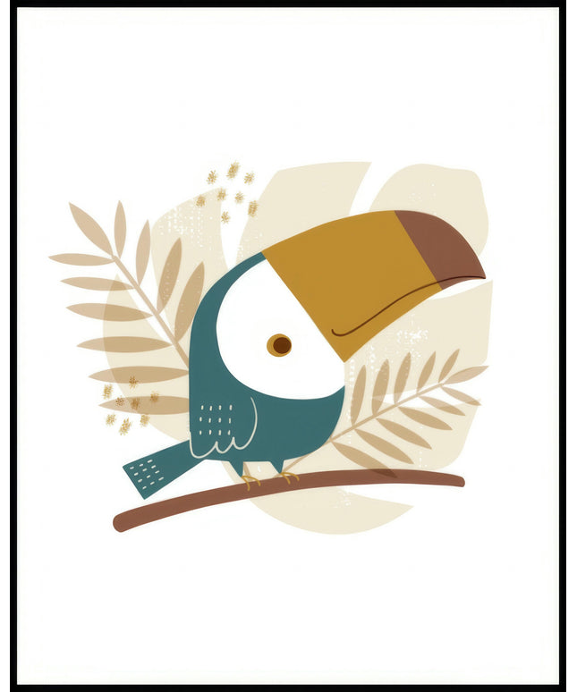Ein Poster von einer Illustration eines Tukans mit grünen und braunen Farbakzenten auf einem beigen Hintergrund.