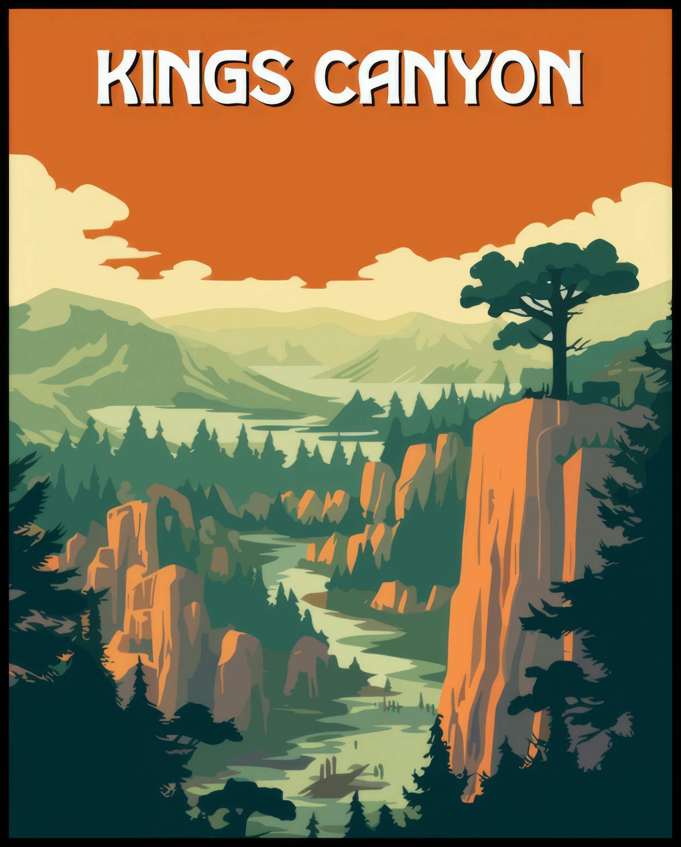 Ein Poster des Kings Canyon Nationalparks, das eine weite, bewaldete Schlucht mit hoch aufragenden Felsen und einem einzelnen Baum zeigt.