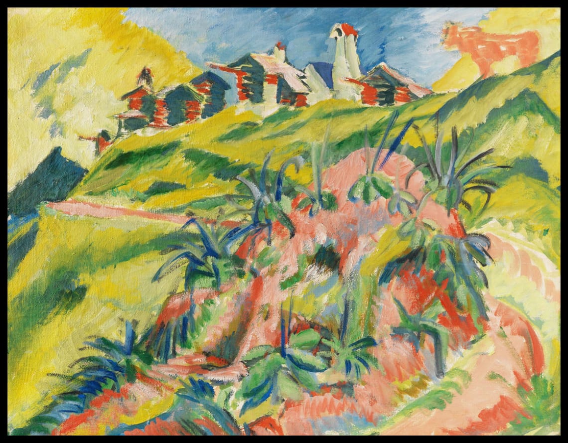 Village de montagne avec vache rose