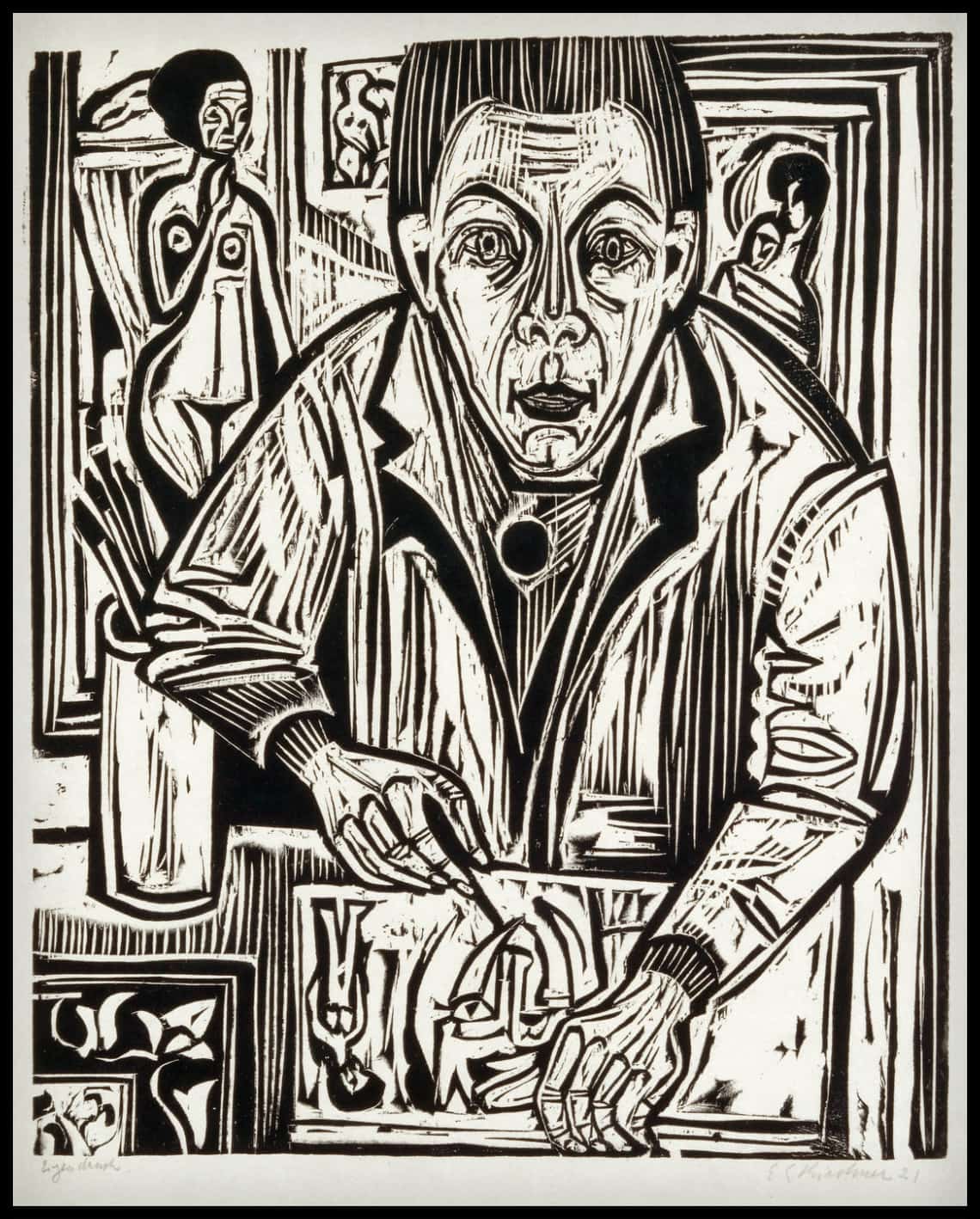 Autoportrait, coupant du bois