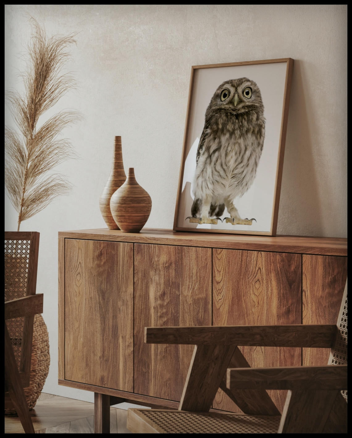 Ein gerahmtes Poster von einem Porträt einer Eule in detailreicher Nahaufnahme, auf einer Holzkommode an die Wand angelehnt