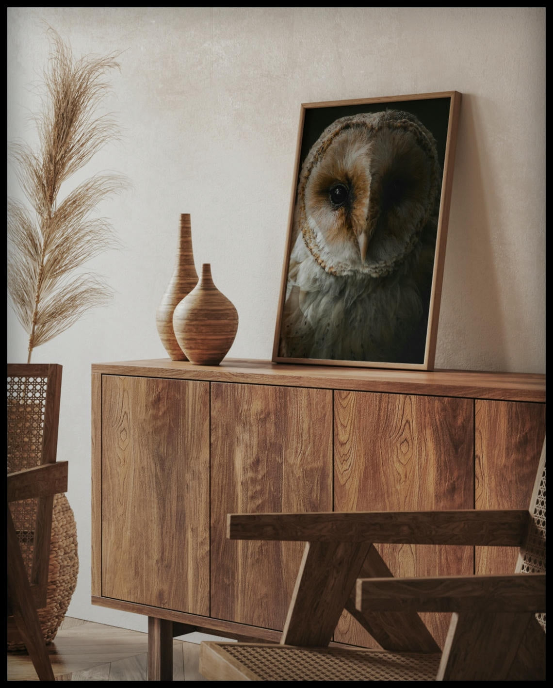 Ein gerahmtes Poster von einem Porträt einer Eule in detailreicher Nahaufnahme, auf einer Holzkommode an die Wand angelehnt
