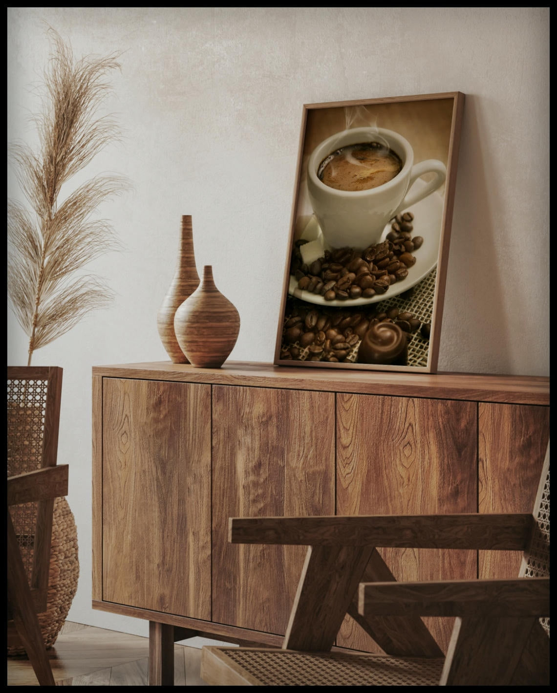 Ein gerahmtes Poster von einer dampfenden Tasse Kaffee, auf einer Holzkommode an die Wand angelehnt