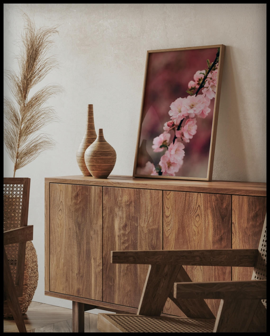 Ein gerahmtes Poster von einem Zweig mit zarten, rosa Kirschblüten vor einem unscharfen Hintergrund, auf einer Holzkommode an die Wand angelehnt