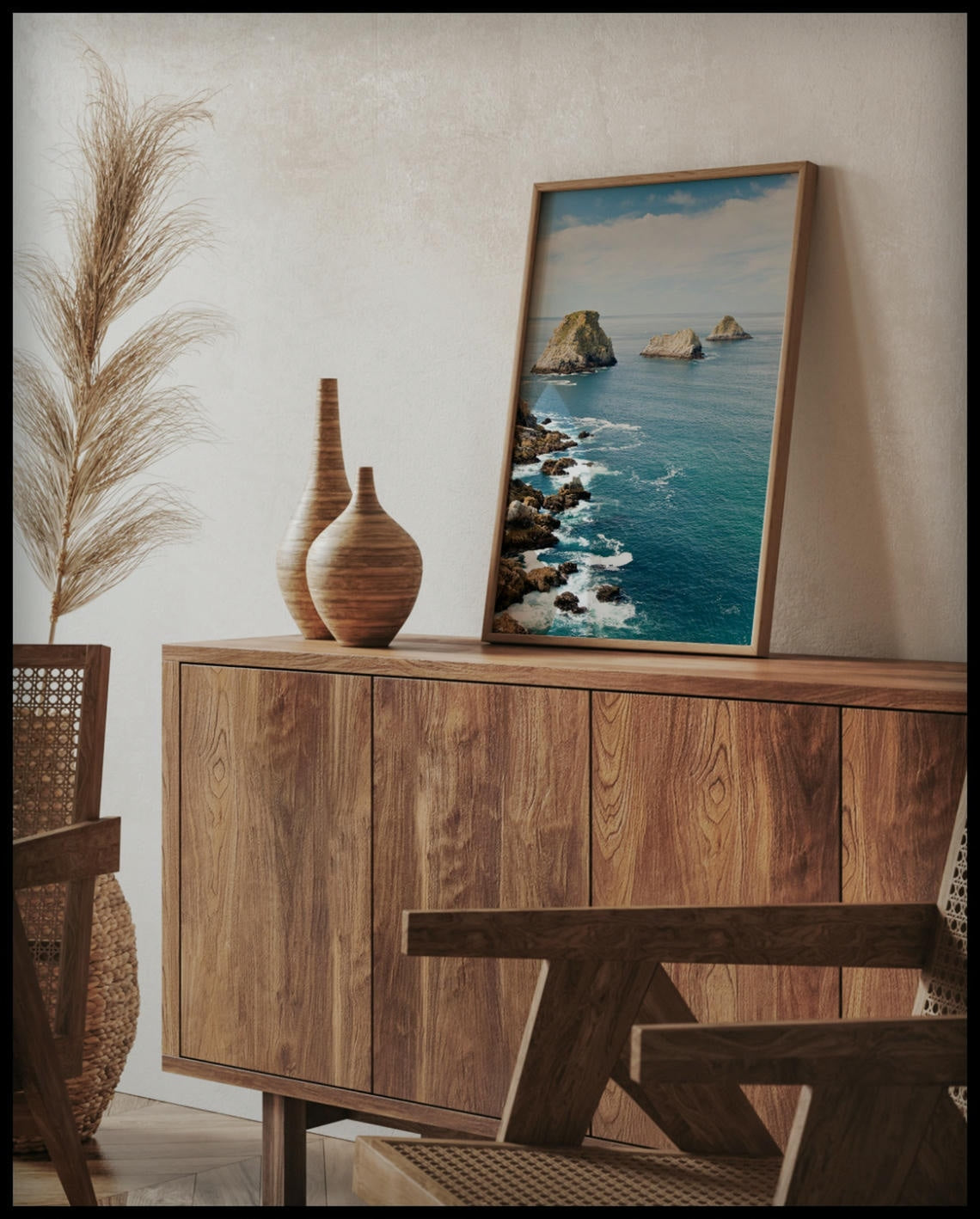 Ein gerahmtes Poster vom Blick auf das blaue Meer und mehrere Felsformationen die aus dem Wasser blicken, auf einer Holzkommode an die Wand angelehnt