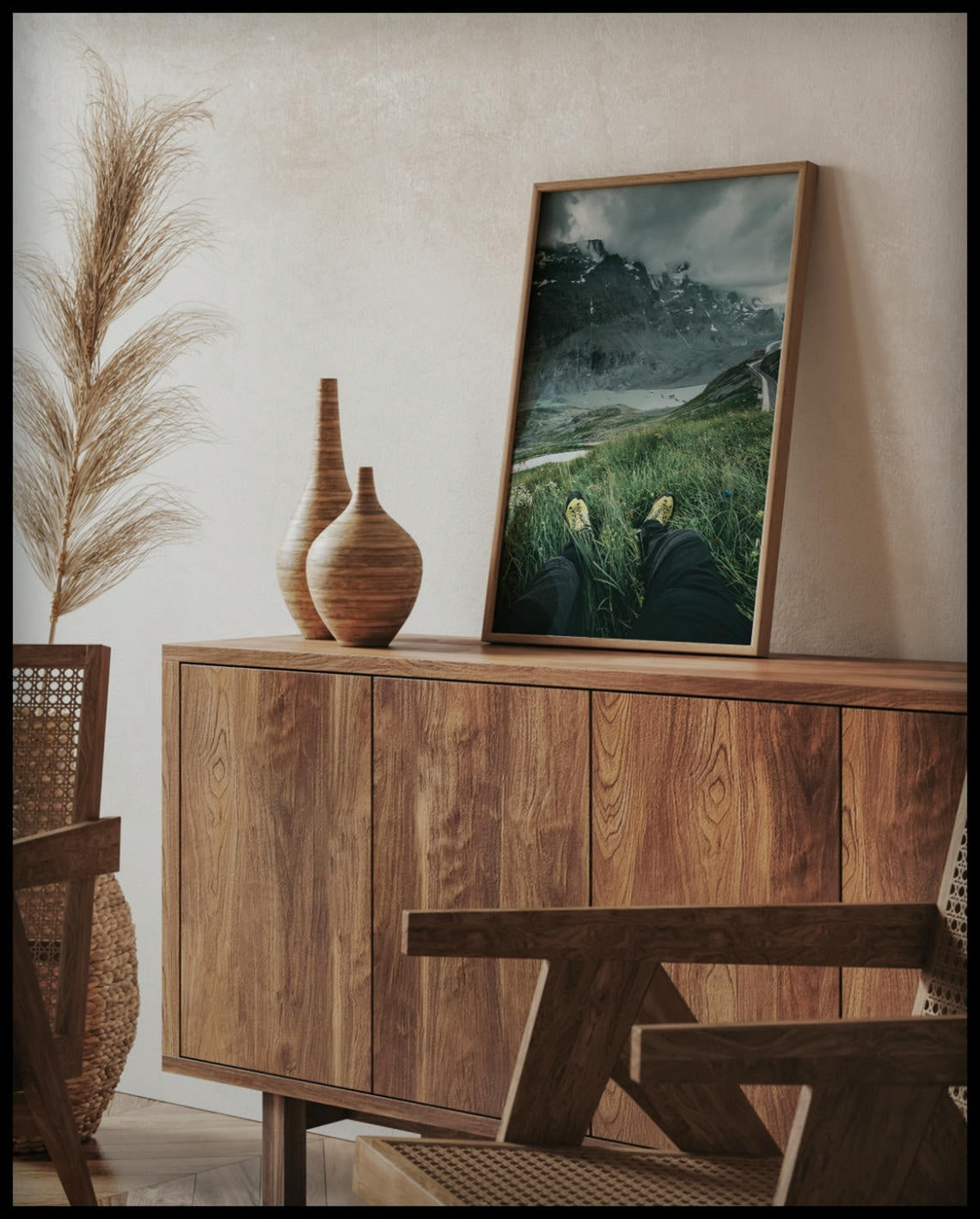 Ein gerahmtes Poster aus der Egoperspektive von einer Person die im Gras sitzt und auf eine Berglandschaft blickt, auf einer Holzkommode an die Wand angelehnt
