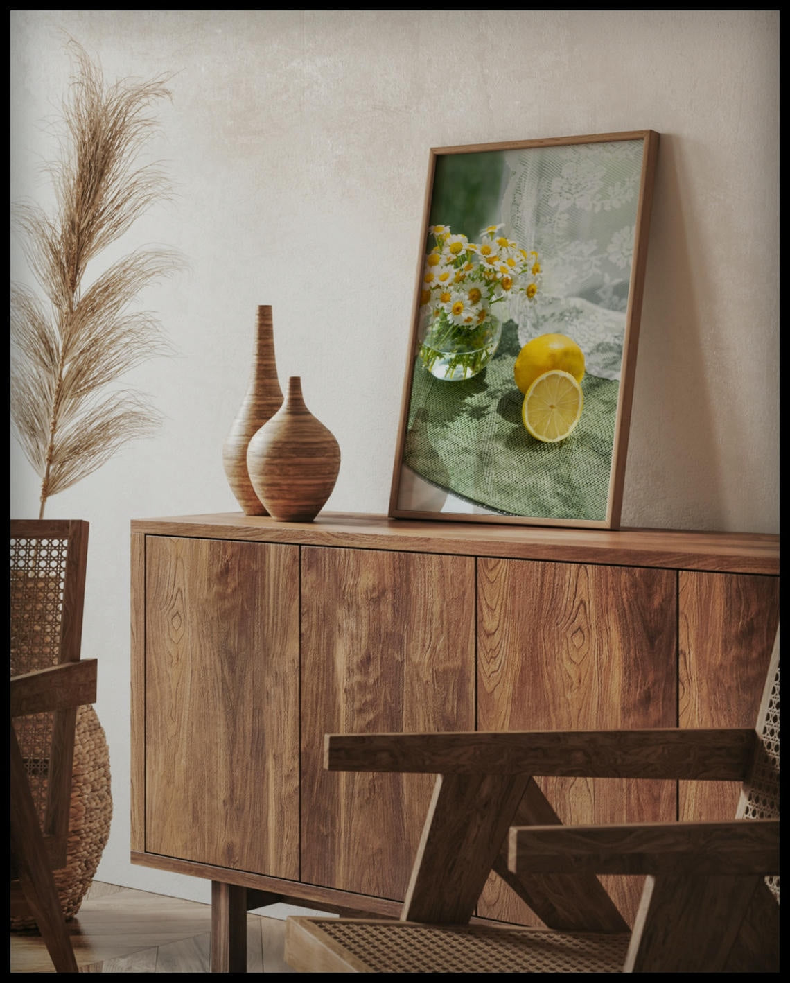 Ein gerahmtes Poster von zwei Zitronen und Blumen in einem Glas auf einer grünen Unterlage aus Stoff, auf einer Holzkommode an die Wand angelehnt