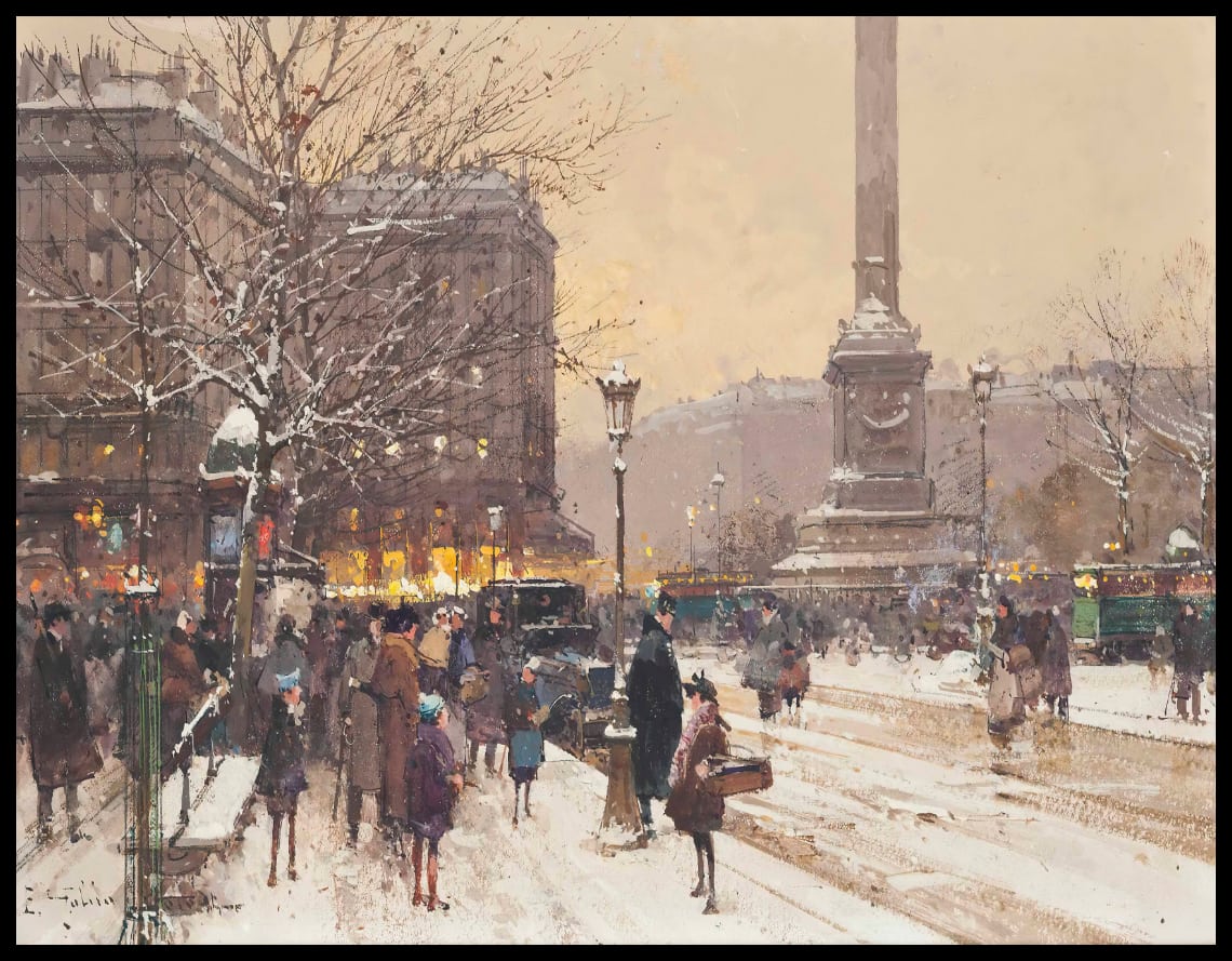 Figures in the snow, the Place de Concorde