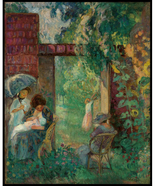 Femmes et enfants dans un jardin en été